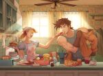  1boy 1girl ^_^ apron bacon bandana bare_shoulders battle_tendency blonde_hair blue_eyes brown_hair ceiling_fan closed_eyes couple dressing earrings egg feeding food food_in_mouth fruit_bowl gloves hair_bun highres husband_and_wife jacket jelly jewelry jojo_no_kimyou_na_bouken joseph_joestar joseph_joestar_(young) kitchen mouth_hold muscular muscular_male norue pancake polka_dot polka_dot_apron sausage suzi_q tank_top toast toast_in_mouth toaster 