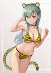  1girl alternate_costume animal_ears animal_print aqua_eyes aqua_hair bangs bell bikini black_choker blush breasts choker cleavage commentary_request fake_animal_ears grey_background grin hair_between_eyes hair_ornament hairclip hand_in_hair highres kantai_collection large_breasts long_hair looking_at_viewer neck_bell porupurucha simple_background smile solo suzuya_(kancolle) swimsuit tail tiger_ears tiger_print tiger_tail 