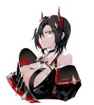 1girl azur_lane bare_shoulders black_choker black_hair black_jacket breast_strap breasts choker cross hair_ornament highres horns iron_cross jacket large_breasts looking_at_viewer mechanical_horns multicolored_hair red_horns short_hair simple_background solo streaked_hair two-tone_hair ulrich_von_hutten_(azur_lane) upper_body white_background white_hair yellow_eyes yuan_(3442) 