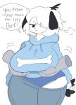  2022 :t anthro big_breasts black_ears black_tail blue_bottomwear blue_clothing blue_hoodie blue_panties blue_pants blue_topwear blue_underwear blush bone bottomwear breasts canid canine canis clothing disembodied_hand domestic_dog english_text female floppy_ears grumpy hair hair_over_eye half-closed_eyes hi_res holding_breast hoodie huge_breasts insult mammal narrowed_eyes one_eye_obstructed panties pants portrait puppychan puppychan48 simple_background solo solo_focus speech_bubble standing tail_motion tailwag text three-quarter_portrait topwear underwear white_background 