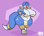  2021 accessory alternate_species anklet anthro armor big_breasts bikini_armor blue_body blue_hair blush bottomwear breasts clawed_fingers clawed_toes claws clothed clothing crown digital_media_(artwork) dinosaur eating fat_arms fat_rolls female food footwear furgonomics hair hi_res huge_breasts jewelry krystal loincloth markings meat midriff navel necklace nintendo overweight partially_clothed pauldron reptile sandals scalie sharp_teeth skimpy snout solo star_fox tail_accessory teeth teeth_visible thefoxbro thick_tail thick_thighs unconvincing_armor video_games zero_pictured 