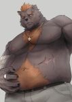  anthro barghest_(tas) belly belly_hair belly_overhang belt body_hair brown_body brown_fur chest_hair fur hair itsumi28593 jewelry lifewonders male mammal musclegut navel necklace pecs red_hair ring scar shirtless solo tokyo_afterschool_summoners ursid video_games 
