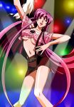  1girl arm_up bangs breasts closed_eyes cropped_shirt eyebrows_visible_through_hair feet_out_of_frame folding_fan hand_fan holding holding_fan kimura_takahiro lipstick long_hair makeup mature_female miniskirt navel non-web_source official_art pencil_skirt photoshop_(medium) pink_hair red_lips short_sleeves skirt solo stage_lights suspender_skirt suspenders underboob variable_geo very_long_hair yuuki_ayako 