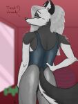  2022 3:4 absurd_res ambiguous_gender anthro black_nose canid canid_demon clothed clothing demon digital_drawing_(artwork) digital_media_(artwork) ear_piercing english_text exercise_ball exercise_clothing fur grey_body grey_fur grey_hair hair hellhound helluva_boss hi_res long_hair loona_(helluva_boss) mammal mirror multicolored_body multicolored_fur narrowed_eyes piercing red_sclera solo taivaankansi text weights white_body white_eyes white_fur workout_clothing 
