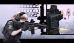  1girl acr_(girls&#039;_frontline) ahoge alternate_costume assault_rifle black_gloves blonde_hair blue_eyes body_armor bulletproof_vest bushmaster_acr commission firing girls&#039;_frontline gloves gun haonfest headset highres holding holding_gun holding_weapon rifle scope shell_casing shooting_glasses short_hair solo tactical_clothes weapon 