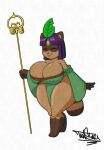  anthro big_breasts breasts canid canine cleavage clothed clothing eyes_closed hi_res holding_object holding_staff huge_breasts mammal raccoon_dog staff tansau tanuki thick_thighs 