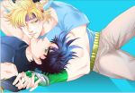  2boys battle_tendency black_hair blonde_hair blue_shirt caesar_anthonio_zeppeli crop_top facial_mark feather_hair_ornament feathers fingerless_gloves gloves green_eyes hair_ornament headband holding_hands jojo_no_kimyou_na_bouken joseph_joestar joseph_joestar_(young) kine_(warabi_mk501) male_focus midriff multiple_boys one_eye_closed purple_hair shirt t-shirt 