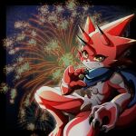  abs anthro bandai_namco betelgammamon claws digimon digimon_ghost_game fireworks grin haruka_kd horn male muscular_legs red_body smile solo yellow_eyes 