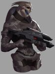  absurd_res alien armor assault_rifle blue_tongue bodypaint brown_eyes camo face_paint grizz_(mass_effect) gun hi_res holding_gun holding_object holding_weapon leafjuly looking_at_viewer male mass_effect open_mouth ranged_weapon rifle smile solo standing teeth tongue turian video_games weapon 