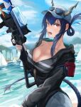  1girl absurdres arknights bangs baseball_cap black_jacket blue_hair boat breasts ch&#039;en_(arknights) ch&#039;en_the_holungday_(arknights) cleavage commentary dragon_horns dragon_tail eyewear_on_head folded_ponytail hair_between_eyes hand_up hat highres holding holding_water_gun horns jacket large_breasts long_hair long_sleeves looking_at_viewer nibiiro_(deep_4242) open_mouth outdoors red_eyes sidelocks solo sunglasses tail upper_body water water_gun watercraft white_headwear 