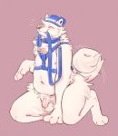  anthro asnnonaka balls belly big_belly biped blue_clothing blue_collar blue_harness blue_hat blue_headwear blue_leash blush butt_tuft cheek_tuft chest_tuft claws clothing collar digitigrade elbow_tufts eyes_closed facial_tuft flaccid foreskin fur genitals glans happy harness hat headgear headwear hi_res humanoid_genitalia humanoid_penis inner_ear_fluff kneeling leash male navel neck_tuft nipples overweight overweight_anthro overweight_male penis pink_glans smile solo tuft white_balls white_belly white_body white_claws white_ears white_fur white_inner_ear_fluff white_penis white_tail 