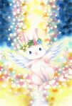  :3 angel_wings animal animal_focus blue_eyes bunny closed_mouth commentary_request feathered_wings head_wreath highres no_humans original painting_(medium) signature sinsousui sparkle traditional_media watercolor_(medium) white_wings wings wreath 