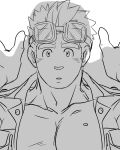  2boys bara blush goggles goggles_on_head greyscale jumpsuit kurogane_(housamo) large_pectorals looking_at_viewer male_focus monochrome multiple_boys muscular muscular_male pectoral_cleavage pectorals pov pov_hands short_hair sideburns solo_focus spiked_hair sunfight0201 takemaru_(housamo) thick_eyebrows tokyo_afterschool_summoners 