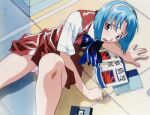  1girl accident bangs book feet_out_of_frame from_above hairband koizumi_hitomi light_blue_hair non-web_source official_art on_floor on_ground open_mouth panties pantyshot pink_panties red_eyes school_uniform short_hair short_sleeves solo underwear yamada_masaki zenkoku_seifuku_bishoujo_grand_prix 