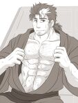  1boy abs bara bare_pectorals chest_hair facial_hair goatee japanese_clothes kimono long_sideburns looking_at_viewer male_focus mature_male medium_hair mononobe_kyoma multicolored_hair muscular muscular_male navel navel_hair nipples no_nipples open_clothes open_kimono pectorals sideburns smile solo stomach streaked_hair stubble sunfight0201 sweat thick_eyebrows tied_hair tokyo_afterschool_summoners undressing 
