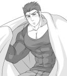  1boy aizen_(housamo) bara blush covered_abs cowboy_shot greyscale large_pectorals long_sideburns looking_at_viewer male_focus monochrome muscular muscular_male pectoral_cleavage pectorals shirt short_hair sideburns solo sunfight0201 thick_eyebrows tight tight_shirt tokyo_afterschool_summoners under_covers 