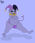 absurd_res belly big_butt black_sclera bulge butt chubby_male clothed clothing crossed_arms deltarune floating fool&#039;s_hat happy hat headgear headwear hi_res humanoid hyenalattes imp jester jevil_(deltarune) male navel overweight overweight_male partially_clothed purple_background purple_body simple_background smile solo thick_thighs undertale_(series) video_games wide_hips 