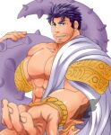  1boy abs bara bare_pectorals beckoning blurry blurry_foreground come_hither dagon_(housamo) facial_hair fish_boy greek_clothes large_pectorals long_sideburns looking_at_viewer male_focus muscular muscular_male no_nipples outstretched_hand pectorals purple_hair reaching_out revision short_hair sideburns single_bare_shoulder solo stubble sunfight0201 tentacles tokyo_afterschool_summoners upper_body 