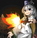  1girl fire grey_hair hat highres holding holding_torch japanese_clothes kariginu long_hair mononobe_no_futo night pom_pom_(clothes) ponytail ribbon ribbon-trimmed_sleeves ribbon_trim shaded_face sharp_teeth spam_(spamham4506) tate_eboshi teeth torch touhou tree 