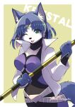  1girl :3 absurdres animal_ears animal_nose artist_name bangs belt blue_bodysuit blue_fur blue_hair blush body_fur bodysuit border breasts character_name circlet collarbone collared_jacket commentary crystal emerald_(gemstone) english_commentary english_text eyebrows_visible_through_hair fox_ears fox_girl fox_tail furry furry_female green_background green_eyes green_hair hair_tubes happy highres holding holding_polearm holding_weapon jacket krystal light_blush long_sleeves looking_at_viewer medium_breasts multicolored_hair namagaki_yukina one_eye_closed open_clothes open_jacket open_mouth outside_border polearm short_hair signature simple_background smile solo standing star_fox star_fox_2 streaked_hair tail two-tone_fur two-tone_hair upper_body weapon white_border white_fur white_jacket 