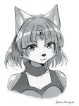  1girl :3 animal_ears animal_nose artist_name bangs body_fur breasts circlet cleavage closed_mouth commentary_request cropped_torso crystal eyebrows_visible_through_hair fox_ears fox_girl furry furry_female greyscale hair_tubes happy highres jpeg_artifacts krystal looking_at_viewer medium_breasts monochrome namagaki_yukina shiny shiny_hair short_hair signature simple_background sketch smile solo star_fox star_fox_assault two-tone_fur upper_body white_background 
