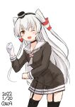  1girl amatsukaze_(kancolle) artist_name brown_dress commentary_request dated dress garter_straps gloves grey_neckerchief hair_tubes hat highres kantai_collection leaning_forward lifebuoy_ornament long_hair looking_at_viewer mini_hat neckerchief one-hour_drawing_challenge one_eye_closed owa_(ishtail) sailor_dress short_dress silver_hair simple_background single_glove smile solo thighhighs two_side_up white_background white_gloves windsock 