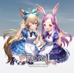  2girls ahoge alice_(alice_in_wonderland) alice_(alice_in_wonderland)_(cosplay) alice_in_wonderland animal_ear_fluff animal_ears apron arm_up artist_request black_footwear blue_dress blue_eyes bow brown_hair copyright_name cosplay dog_ears dog_girl dog_tail dress elin forehead frilled_dress frills hair_bow high_heels highres holding_hands interlocked_fingers leg_up long_hair mary_janes multiple_girls official_art one_eye_closed open_mouth playing_card_print purple_dress purple_eyes purple_hair rabbit_ears rabbit_girl ribbon shoes short_dress short_sleeves smile standing standing_on_one_leg striped striped_legwear tail tera_online thighhighs waving white_apron 