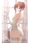  1girl :o absurdres ass back bangs bridal_lingerie brown_hair content_rating cowboy_shot curtains doujinshi from_behind gloves highres higuchi_madoka huge_ass idolmaster idolmaster_shiny_colors indoors kazuo_daisuke light_purple_eyes lingerie looking_at_viewer looking_back mole mole_under_eye open_mouth short_hair skindentation solo standing thighhighs underwear white_gloves white_legwear window 