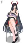  1boy 1girl azur_lane bare_shoulders black_dress black_footwear black_hair breasts chair cleavage commander_cool commission dress friedrich_der_grosse_(azur_lane) full_body hair_over_one_eye highres horns large_breasts long_hair looking_at_viewer mechanical_horns red_horns short_dress simple_background sitting sleeveless sleeveless_dress very_long_hair white_background 