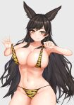 1girl absurdres alternate_costume animal_ears atago_(azur_lane) azur_lane breasts brown_hair cowboy_shot extra_ears grey_background highres huge_breasts long_hair looking_at_viewer navel ojisan_f pulled_by_self simple_background skindentation solo strap_pull string_bikini swimsuit tiger_stripes very_long_hair yellow_eyes 