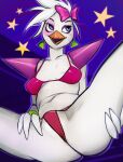  abstract_background anthro avian bikini bird bow chica chicken clothing female five_nights_at_freddy&#039;s five_nights_at_freddy&#039;s:_security_breach galliform gallus_(genus) glamrock_chica_(fnaf) hi_res makeup nails phasianid plbs pubes scottgames solo star swimwear video_games 