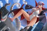  1girl bb_(fate) bb_(swimsuit_mooncancer)_(fate) black_coat blue_sky breasts building cityscape cloud coat commentary_request day dutch_angle fate/grand_order fate_(series) giant giantess gloves hand_on_hip high_heels highleg highleg_leotard highres large_breasts leotard looking_at_viewer neck_ribbon outdoors pointer popped_collar purple_eyes purple_hair red_footwear red_ribbon ribbon sky solo tan tentacles tomoshibi_(fuuzen_no_tomoshibi) tongue tongue_out white_gloves white_leotard 