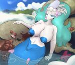  absurd_res anthro areola asterozoan bedroom_eyes big_breasts blue_areola breasts chasm-006 clothing cloud echinoderm eyelashes female genitals hair hat_feather headgear headwear hi_res looking_back loose_feather marine narrowed_eyes navel nintendo outside partially_submerged pok&eacute;mon pok&eacute;mon_(species) primarina pupils pussy seaside seductive shell solo starfish starfish_(accessory) video_games wave wavy_hair white_pupils 