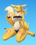  absurd_res anthro bandai_namco blue_eyes breasts butt claws clothing digimon digimon_(species) female finger_claws fingers fur genitals gris_swimsuit hi_res kemono looking_at_viewer mammal meme meme_clothing michisamael nipples nude one-piece_swimsuit pink_nipples pussy renamon simple_background solo swimwear translucent translucent_clothing translucent_swimwear white_body white_fur yellow_body yellow_fur 