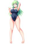  1girl barefoot blue_swimsuit breasts cameltoe commentary_request commission competition_swimsuit covered_navel covered_nipples frog_hair_ornament full_body green_eyes green_hair hair_ornament hair_tubes highres kochiya_sanae large_breasts long_hair looking_at_viewer one-piece_swimsuit simple_background skeb_commission snake_hair_ornament solo standing swimsuit tachi-e tokyo_yamane touhou white_background 