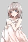  1girl bangs bare_arms bare_shoulders bed_sheet blue_eyes blush brown_hair closed_mouth collarbone comah eyebrows_visible_through_hair grey_background highres looking_at_viewer naked_sheet original simple_background smile solo 