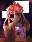  1girl blazer blood blood_on_clothes blush bow brown_hair brown_jacket closed_mouth crossed_fingers desk doki_doki_literature_club glitch green_eyes hair_ornament hairclip horror_(theme) interlocked_fingers jacket long_hair looking_at_viewer monika_(doki_doki_literature_club) nagokuma natsuki_(doki_doki_literature_club) night night_sky noose own_hands_clasped own_hands_together pink_hair ponytail purple_hair red_bow ribbon rope sayori_(doki_doki_literature_club) school_uniform short_hair sky smile space star_(sky) white_ribbon yuri_(doki_doki_literature_club) 