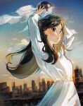  1girl arms_up ball bangs black_hair blurry blurry_background blush breasts brown_eyes chromatic_aberration city cloud commentary crystal_ball day dress eyebrows_visible_through_hair floating_hair highres long_hair long_sleeves looking_away original outdoors parted_lips rokku skyline small_breasts solo upper_body white_dress 