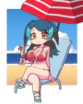  1girl bangs beach beach_chair beach_umbrella bikini black_hair blue_hair blue_sky blush blush_stickers breasts cleavage cloud commentary_request crossed_legs cup day empty_eyes eyebrows_visible_through_hair head_wings highres holding holding_cup kemono_friends long_hair multicolored_hair navel outdoors passenger_pigeon_(kemono_friends) pozesuke sitting sky smile solo swimsuit umbrella yellow_eyes 