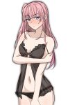  1girl bangs bare_shoulders black_nightgown black_panties blue_eyes blush breasts closed_mouth collarbone crossed_arms eyebrows_visible_through_hair feet_out_of_frame girls&#039;_frontline highres long_hair looking_at_viewer mosa331 navel nightgown panties pink_hair small_breasts solo st_ar-15_(girls&#039;_frontline) standing underwear white_background 