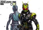  1boy alternate_universe armor artist_name black_armor black_bodysuit black_gloves bodysuit clenched_hand driver dual_persona forceriser from_side gloves green_armor highres kamen_rider:_reiwa_the_first_generation kamen_rider_01_(series) kamen_rider_zero-one kamen_rider_zerozero_one looking_at_viewer max-k profile progrise_key red_eyes rider_belt rising_hopper upper_body 