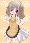  1girl :d apron arms_behind_back bangs bare_arms bare_shoulders blush breasts brown_apron brown_background brown_hair collarbone commentary_request dress eyebrows_visible_through_hair fang frilled_apron frills hair_between_eyes highres kanijiru looking_at_viewer purple_eyes slow_loop small_breasts smile solo standing twintails twitter_username white_dress yoshinaga_koi 