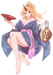  1girl absurdres bangs bare_legs bare_shoulders barefoot blonde_hair blue_kimono blue_scrunchie blush breasts cleavage collarbone commentary_request cuffs cup floating fugaku_(miko_no_miyatsuguchi) full_body hair_ornament hair_scrunchie highres holding horns hoshiguma_yuugi hoshiguma_yuugi_(promo) japanese_clothes kimono large_breasts legs lips long_hair looking_at_viewer obi oni oni_horns orange_eyes parted_bangs pointy_ears ponytail sakazuki sash scrunchie shackles side_slit sidelocks single_horn smile solo toenails touhou unmoving_pattern very_long_hair white_background 