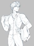  1boy battle_tendency caesar_anthonio_zeppeli facial_mark hand_on_hip highres jojo_no_kimyou_na_bouken kine_(warabi_mk501) male_focus monochrome muscular muscular_male removing_neckwear solo undone_necktie undressing vest waistcoat 