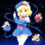  1girl :o alice_margatroid arm_up blonde_hair blue_eyes capelet commentary_request doll frilled_hairband frills hairband highres long_sleeves looking_at_viewer medium_hair open_mouth pose red_hairband shirosato thighhighs touhou white_legwear zettai_ryouiki 
