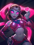  1girl 3finger_hand absurdres android bare_shoulders bra breasts brown_hair cleavage courtney_gears cowboy_shot glowing glowing_eyes headphones heart highres looking_at_viewer midriff navel no_pupils pink_bra pink_eyes ratchet_&amp;_clank ratchet_&amp;_clank:_up_your_arsenal red_lips robot signature simple_background solo underwear 