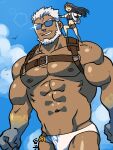  1boy 1girl abs aegir_(housamo) aqua_hair bara bare_pectorals beard blue_eyes bulge chest_belt chest_harness cowboy_shot dark-skinned_male dark_skin facial_hair fins giant giant_male harness kirupi large_pectorals leather looking_to_the_side male_focus male_swimwear master_2_(housamo) mature_male multicolored_hair muscular muscular_male navel nipples on_shoulder pectorals short_hair smile sparkle streaked_hair sunglasses swim_briefs tokyo_afterschool_summoners white_hair white_male_swimwear 