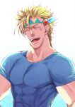  1boy battle_tendency blonde_hair blue_shirt caesar_anthonio_zeppeli closed_eyes facial_mark feather_hair_ornament feathers hair_ornament headband jojo_no_kimyou_na_bouken kine_(warabi_mk501) laughing male_focus muscular muscular_male shirt solo t-shirt tight tight_shirt triangle_print 