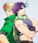  2boys abs back-to-back bare_shoulders battle_tendency biceps blonde_hair caesar_anthonio_zeppeli crop_top crossed_arms facial_mark feather_hair_ornament feathers fingerless_gloves gloves green_eyes green_jacket green_scarf groin hair_ornament headband jacket jojo_no_kimyou_na_bouken joseph_joestar joseph_joestar_(young) kine_(warabi_mk501) male_focus midriff multicolored_clothes multicolored_scarf multiple_boys muscular muscular_male purple_hair scarf striped striped_scarf triangle_print yellow_scarf 