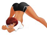  angry ass black_shorts blush breasts brown_eyes crossed_arms dark-skinned_female dark_skin eyebrows fraankyy glasses highres jack-o&#039;_challenge large_breasts looking_at_viewer mole mole_under_mouth original red_hair shirt short_hair short_shorts shorts shy simple_background spread_legs thick_eyebrows thick_thighs thighs top-down_bottom-up underboob white_background white_shirt 